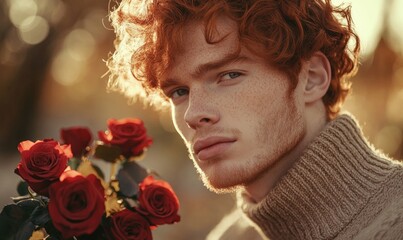 Closeup portrait of a man with rich red hair, holding red roses