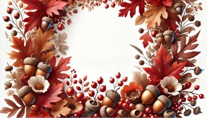 Bright, highly artistic photorealistic autumn leaves in warm colors, with detailed acorns and berries framing a spacious white background, creating an elegant and inviting seasonal frame with a wide, 