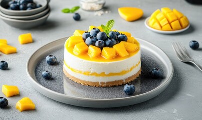 Poster - Vanilla cheesecake with a thin yogurt layer, garnished with mango and blueberries on a grey plate