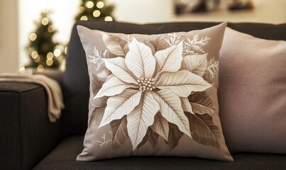 Wall Mural - Warm taupe pillow with a detailed white poinsettia print and pale pink accents