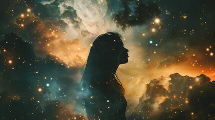 A silhouette of a woman stands against a cosmic backdrop, with stars and nebulae creating a mystical and ethereal scene.