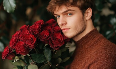 Wall Mural - Closeup portrait of a man with chestnut-brown hair, holding a matching bouquet of deep red roses