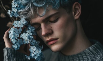 Closeup portrait of a man with muted blue hair, holding pale blue blossoms