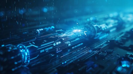 Leinwandbilder - A mesmerizing visual of digital circuitry, illuminated with blue lights, creating an abstract representation of technology and data flow.