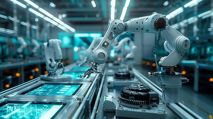 Poster - A robotic arm operates in a modern factory setting, showcasing advanced automation technology with machinery and digital interfaces.
