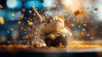 Wall Mural - A scoop of vanilla ice cream with sprinkles and a chocolate sauce, with a straw sticking out of the top, against a blurred background.