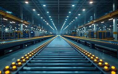 Poster - A spacious, well-lit warehouse interior features a conveyor belt lined with yellow lights, emphasizing an efficient industrial environment.