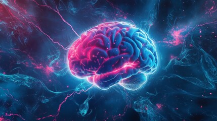 Poster - An abstract, digital rendition of a human brain, glowing with vibrant blue and pink hues. The image is full of abstract shapes and energy, making it seem as if the brain is pulsating and alive.
