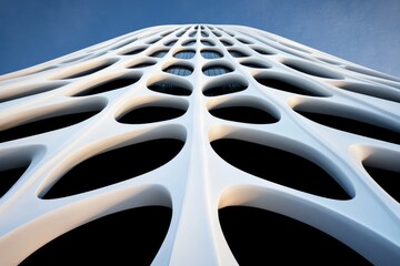 Low angle view of a modern building with a unique honeycomb pattern facade.