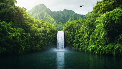 Lush green foliage surrounds a cascading waterfall in a tropical rainforest.