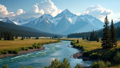 Poster -  Tranquil river meandering through a mountainous landscape