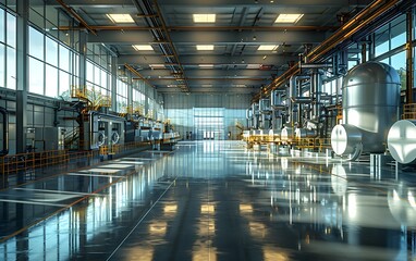 Poster - A bright, spacious industrial facility showcasing advanced machinery and polished floors under large windows.
