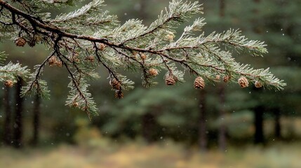 A close-up view of a fir tree branch blanketed in fresh snow, surrounded by a softly blurred winter forest backdrop