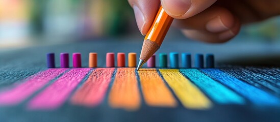 Wall Mural - close-up of a hand drawing a rainbow on a black surface with a pencil, surrounded by colored pencils