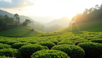 Poster -  Vibrant green fields under a beautiful sunset sky