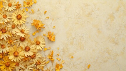 Aufkleber - A collection of bright yellow flowers spreads across a soft, textured surface with scattered petals, evoking a sense of warmth and tranquility. Perfect for springtime inspiration and decor.