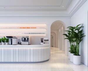 Wall Mural - Minimalist white coffee shop interior with a curved counter, a coffee machine, and plants.