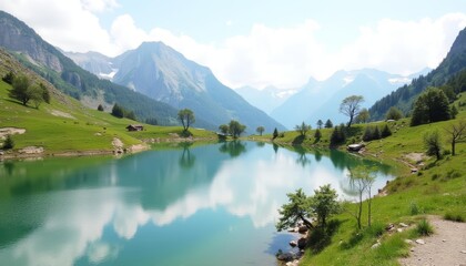 Wall Mural -  Tranquil mountain lake under a clear sky