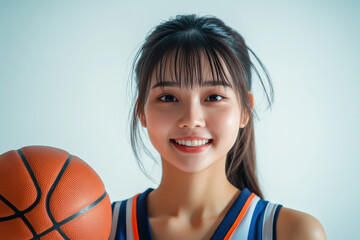 Holding a basketball and wearing a bright smile, a young Asian woman in a jersey displays her love for the game, with a clean background drawing attention to her positive, sporty energy.