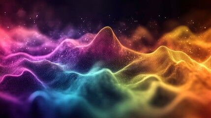 Abstract colorful wave with glowing particles on a dark background.