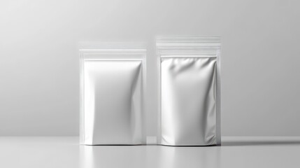 Two blank white stand up pouches with zipper closure, mockup for branding and design.