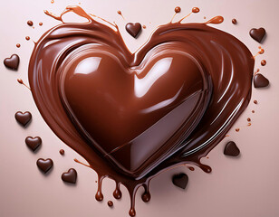 Wall Mural - A rich heart shaped chocolate creates a splash effect against a soft pink background. Valentine's day concept.