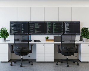 Modern office workspace with two workstations, each with a laptop, desk, chair and potted plant, featuring three large screens displaying code.