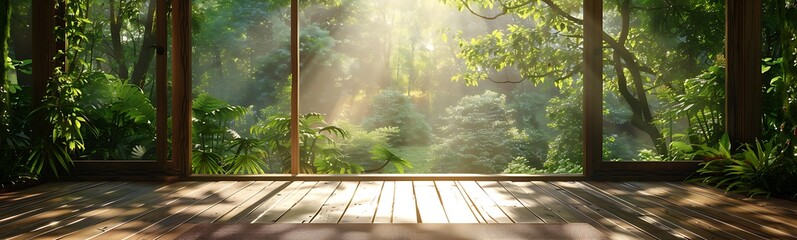 Poster - A serene wooden platform overlooks a lush, sunlit forest, with rays of light filtering through vibrant greenery, creating a tranquil, natural setting.