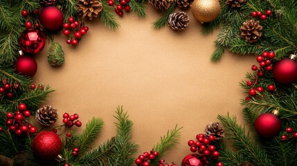 Wall Mural - A flat lay image of a tan background surrounded by pine tree branches decorated with red Christmas ornaments and berries.