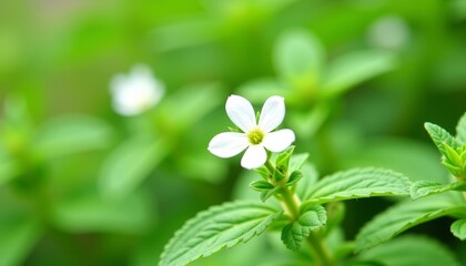 Wall Mural -  A single white flower blooms amidst a sea of green leaves