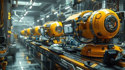 Aufkleber - A futuristic assembly line featuring advanced robotic arms with yellow accents, showcasing a high-tech industrial environment.