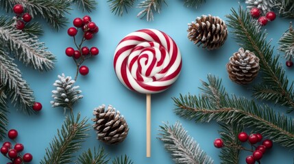 Wall Mural - A large candy cane lollipop with red and white stripes is placed on a blue background. The lollipop is surrounded by evergreen branches with a few pine cones and sprigs of holly berries.