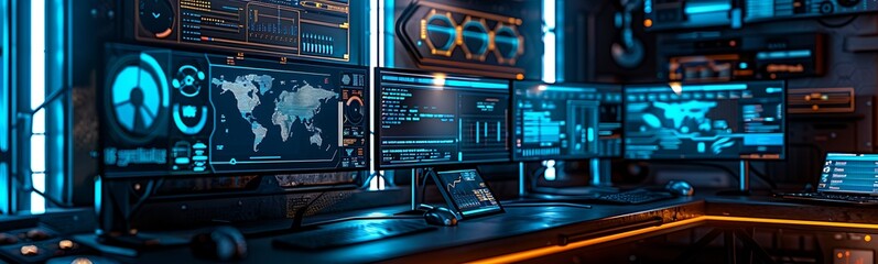 Aufkleber - A high-tech control room featuring multiple screens displaying data, maps, and graphics, illuminated by blue lighting for a modern, futuristic ambiance.