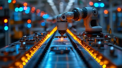 Leinwandbilder - A robotic arm operates on a conveyor belt in a brightly lit industrial setting, showcasing advanced automation technology.