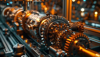 Fototapete - A detailed view of intricate gears and machinery with a metallic finish, illustrating precision engineering and industrial design.
