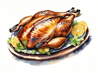 Wall Mural - watercolor drawing of a turkey, chicken and vegetables.