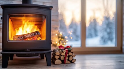 Canvas Print - A sleek wood stove warms a stylish living room, featuring large windows showcasing a snowy forest and whimsical holiday lights