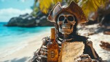 A pirate skeleton on a tropical beach holding a bottle of rum and a treasure map.