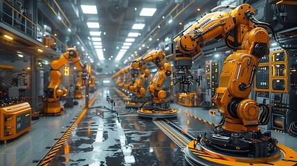Aufkleber - A modern industrial setting featuring robotic arms busy in a well-lit factory, showcasing advanced automation and technology.