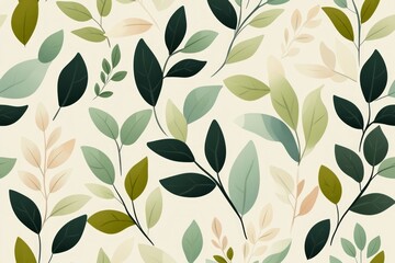 Seamless pattern of green leaves on a beige background.