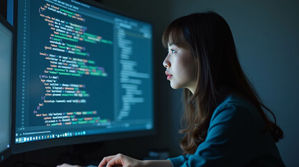 In front of an LCD screen with code projected onto it, a young Asian woman programmer demonstrates how technology and human expertise may be used in software development. 
