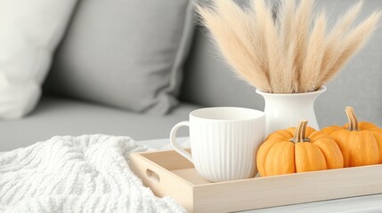 Wall Mural - A cozy living room showcases autumn decor with a white mug, pumpkins, and pampas grass arranged on a wooden tray against a grey sofa