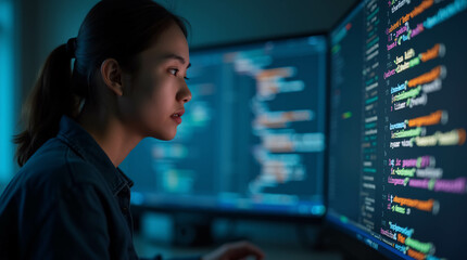 In front of an LCD screen with code projected onto it, a young Asian woman programmer demonstrates how technology and human expertise may be used in software development. 
