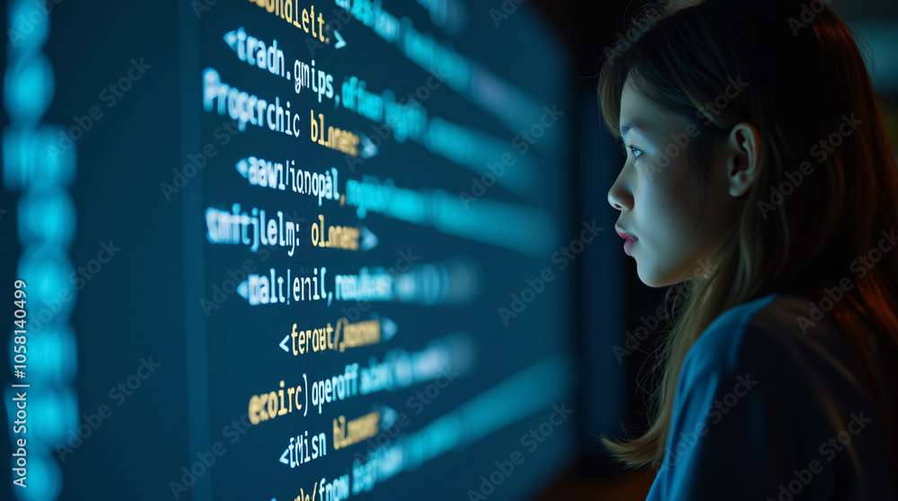 In front of an LCD screen with code projected onto it, a young Asian ...