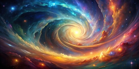 Wall Mural - A swirling cosmic vortex with celestial clouds and distant stars, illuminated by a radiant core of energy.