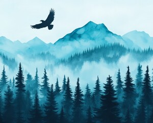 Silhouetted eagle soaring over misty mountain range with a forest in the foreground.