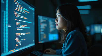 In front of an LCD screen with code projected onto it, a young Asian woman programmer demonstrates how technology and human expertise may be used in software development. 
