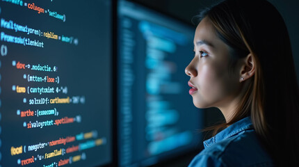In front of an LCD screen with code projected onto it, a young Asian woman programmer demonstrates how technology and human expertise may be used in software development. 
