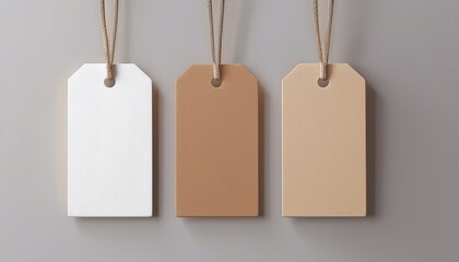 Wall Mural - Three blank tags hanging on strings, featuring white, light brown, and dark brown surfaces against a gray background.