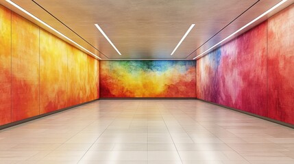 Wall Mural - A colorful mural brightens a modern subway tunnel.